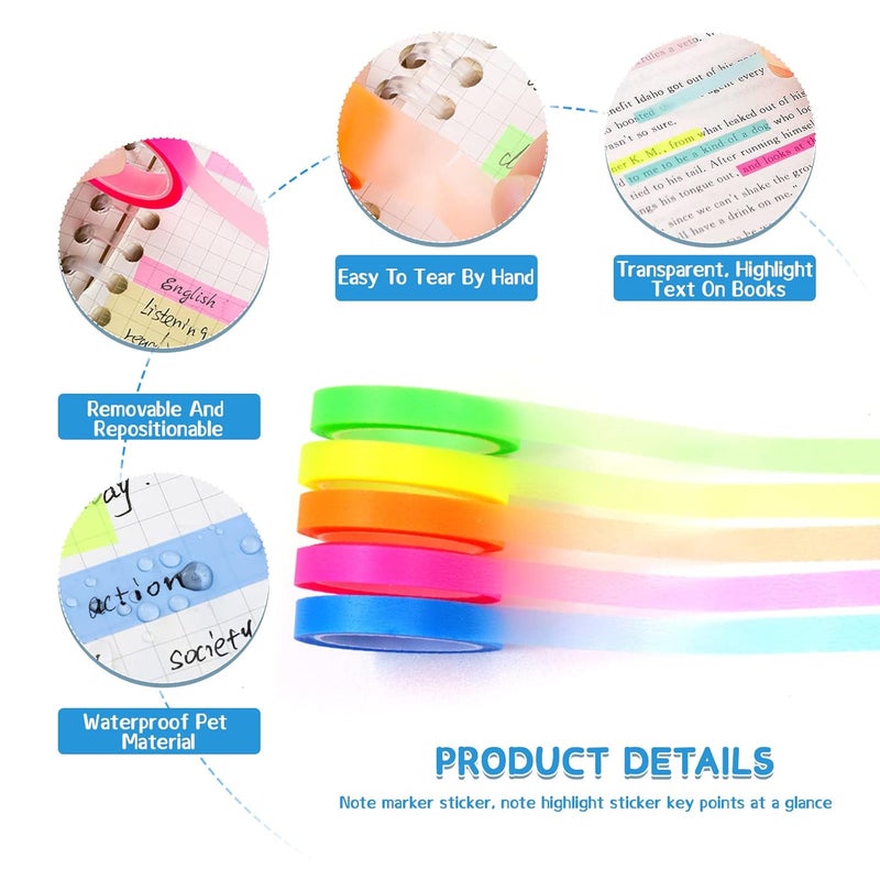 Modixun 20 Rolls Transparent Writable Highlighter Tape, Removable Sticky Notes, 5 Bright Colors Book Tabs, 0.24in16.4ft - Image 3